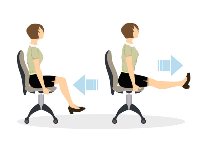 Sport exercises for office. Office yoga for tired employees with chair and table.